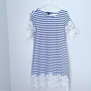 Tommy Hilfiger Blue and White Striped Dress with Lace Design Size Medium